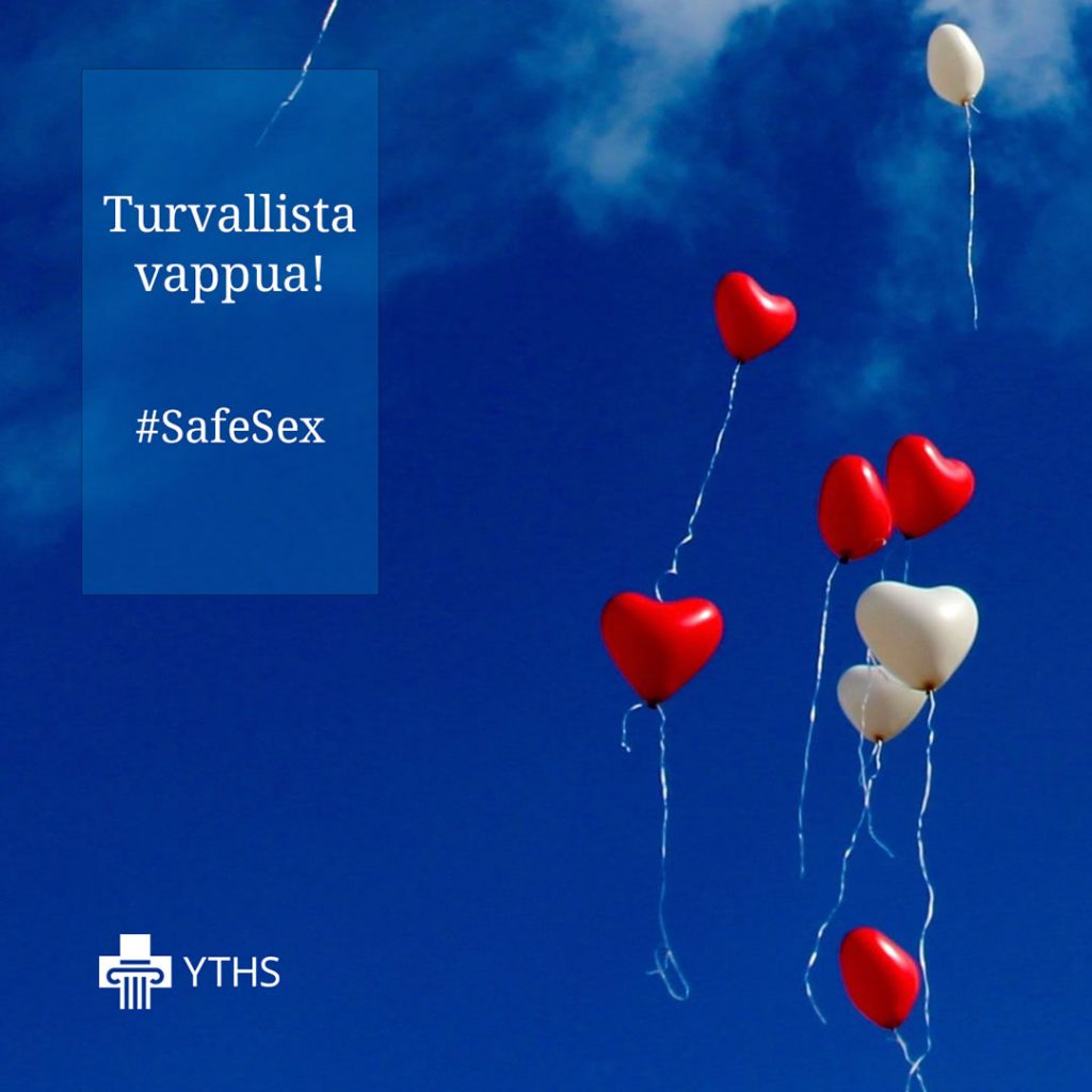 Punaisia ja valkoisia sydänilmapalloja ja teksti "Turvallista vappua! #SafeSex".