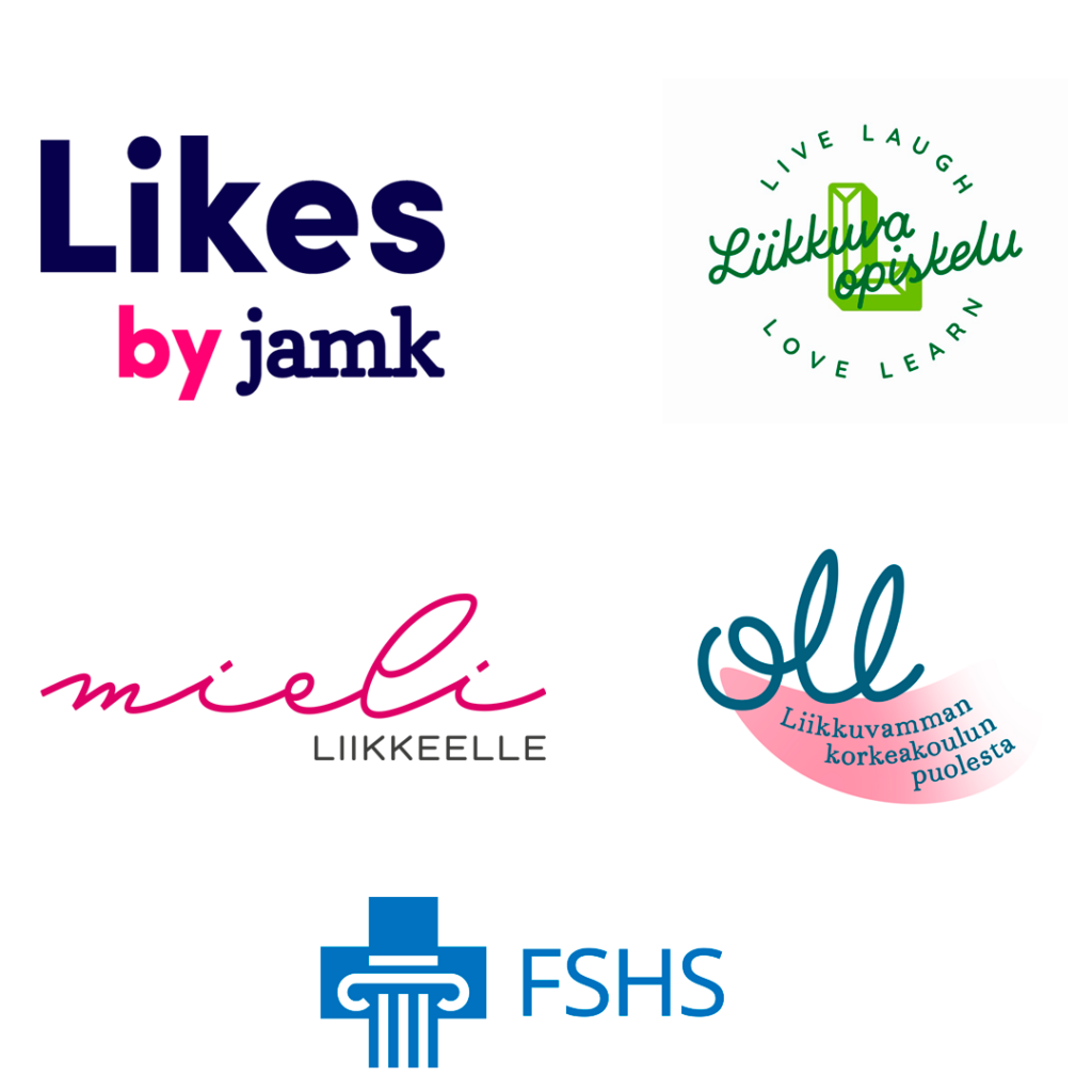 Logos: "Likes by JAMK", "Liikkuva opiskelu, Live laugh, love, learn", "Mieli liikkeelle", "Oll, Liikkuvamman korkeakoulun puolesta", FSHS".