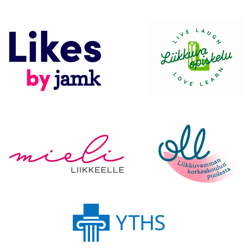 Logoja: "Likes by JAMK", "Liikkuva opiskelu, Live laugh, love, learn", "Mieli liikkeelle", "Oll, Liikkuvamman korkeakoulun puolesta", "YTHS".
