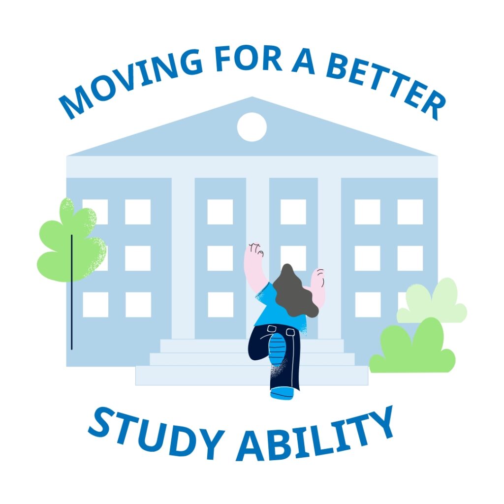 There is a drawn educational institution  and a figure is approaching it, as well as the text “Moving for a better study ability”.