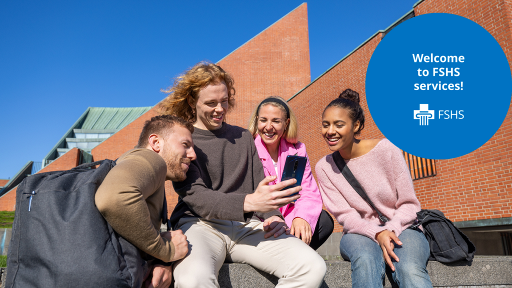 Four students spend time in the campus yard, looking happy and looking at a cell phone together; the image also shows the FSHS logo and the text "Welcome to FSHS services!".
