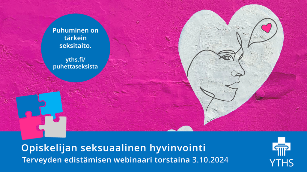 In the background, a pink wall, a light heart with a figurehead and a heart in a speech bubble, logo of the student well-being week (puzzle-like), the FSHS logo and the text "Student Sexual Well-Being, Health Promotion Webinar, Thursday, 3 October , 2024".