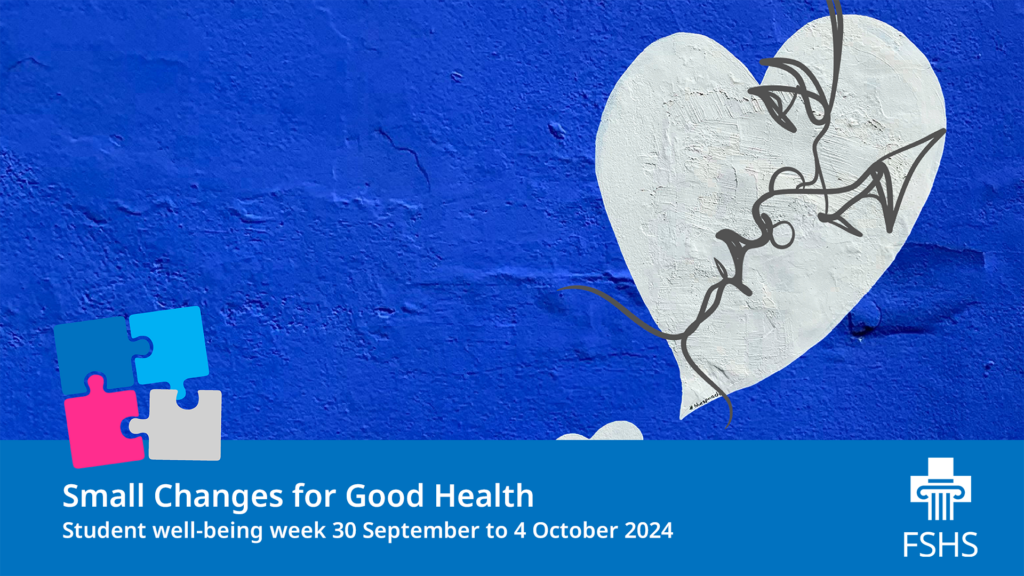 Electric blue background that looks like a painted wall. There is a white heart on the wall, on which there is a line art drawing of two people kissing. The bottom of the image includes the week's logo, which consists of four puzzle pieces.